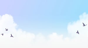 Purple-blue gradient background with pillowy clouds and bird silhouettes